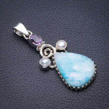 

StarGems Natural Caribbean Larimar,River Pearl And Amethsyt Handmade 925 Sterling Silver Pendant 2" D5387