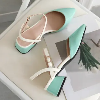 

ZawsThia 2020 patent PU leather point toe green chunky med heels lady shoes extra big size 44 45 46 47 48 buckle womens sandals