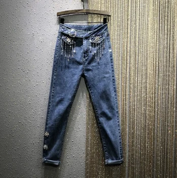 

Jeans Woman 2020 Spring New High-Waist Hand-Made Beaded Rhinestone Slim-Fit Stretch Jeans Women's Blue Denim Pants Ropa Mujer