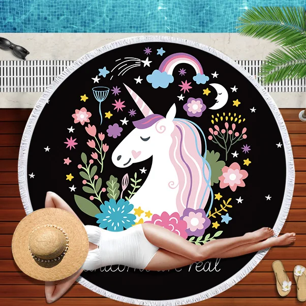 

Round Beach Towel New Style Unicorn Beach Towel Superfine Fibre Tassels Animal Beach Towel Printed Logo
