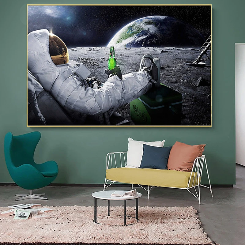 

Canvas Painting Outer Space Astronauts Relaxing Beers Moon Posters and Prints Wall Art Pictures for Living Room Home Decoration