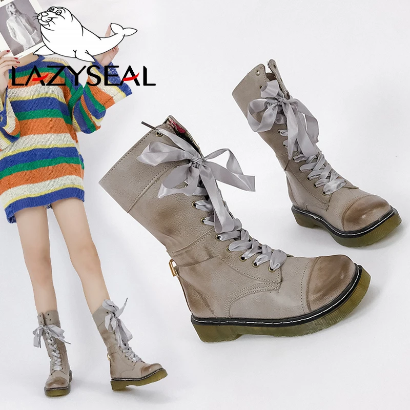 LazySeal/женские байкерские сапоги на шнуровке с перекрестной шнуровкой платформе