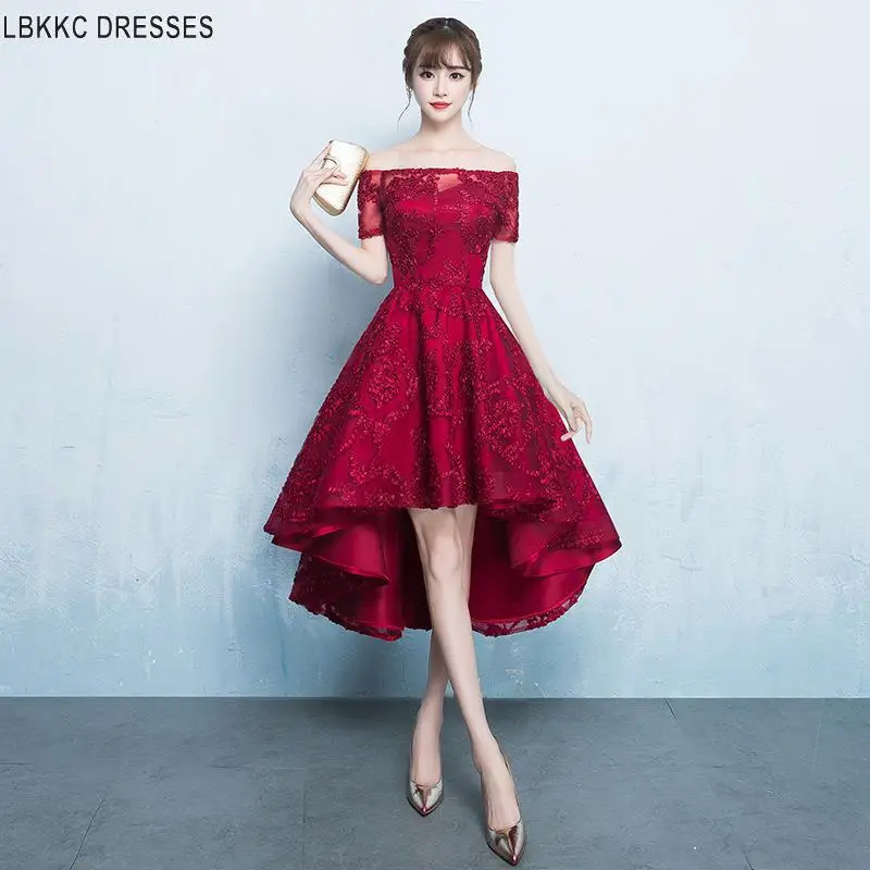 High Low Homecoming Dresses Pink Off The Shoulder Lace Prom Party Dresses Semi Formal Dress Formal Dresses Short Junior Dresses - Color: Brown