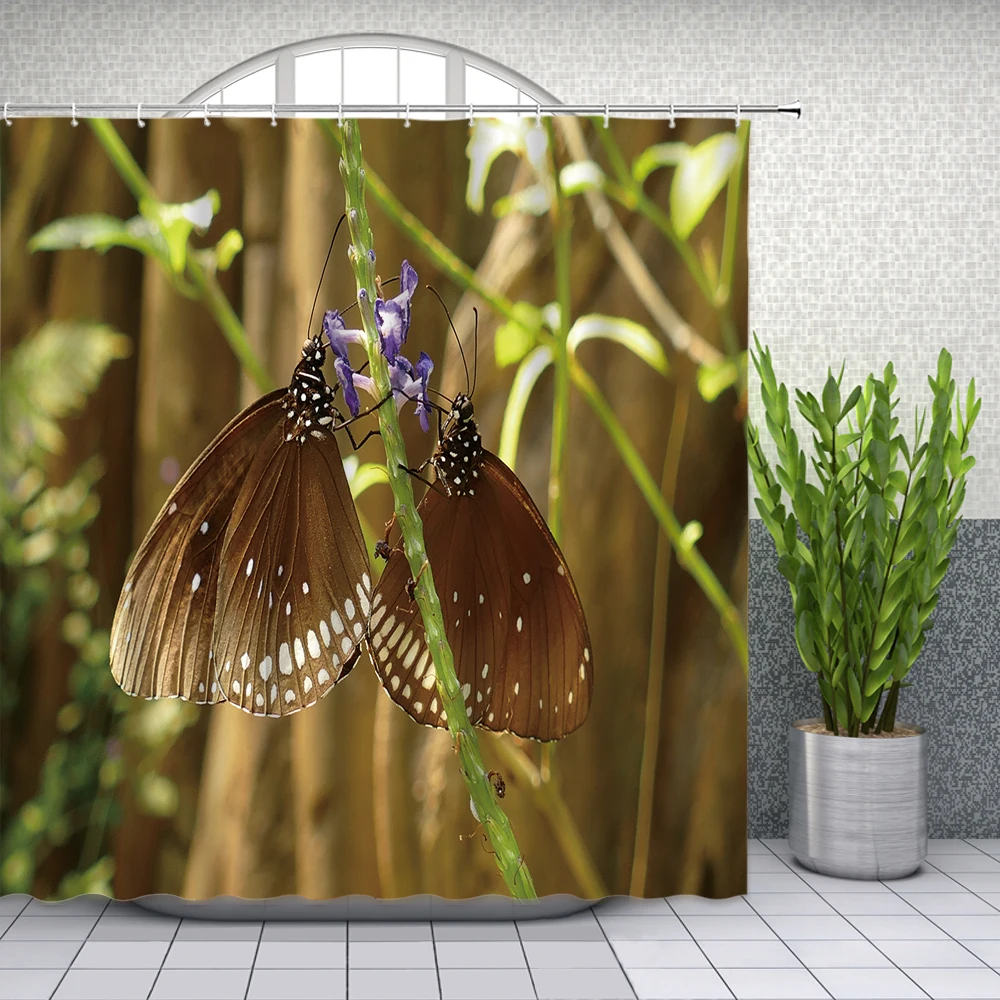 

Natural Scenery Butterfly Flowers Green Plants Shower Curtains Bathroom Decor Waterproof Polyester Cloth Curtain Set Cheap