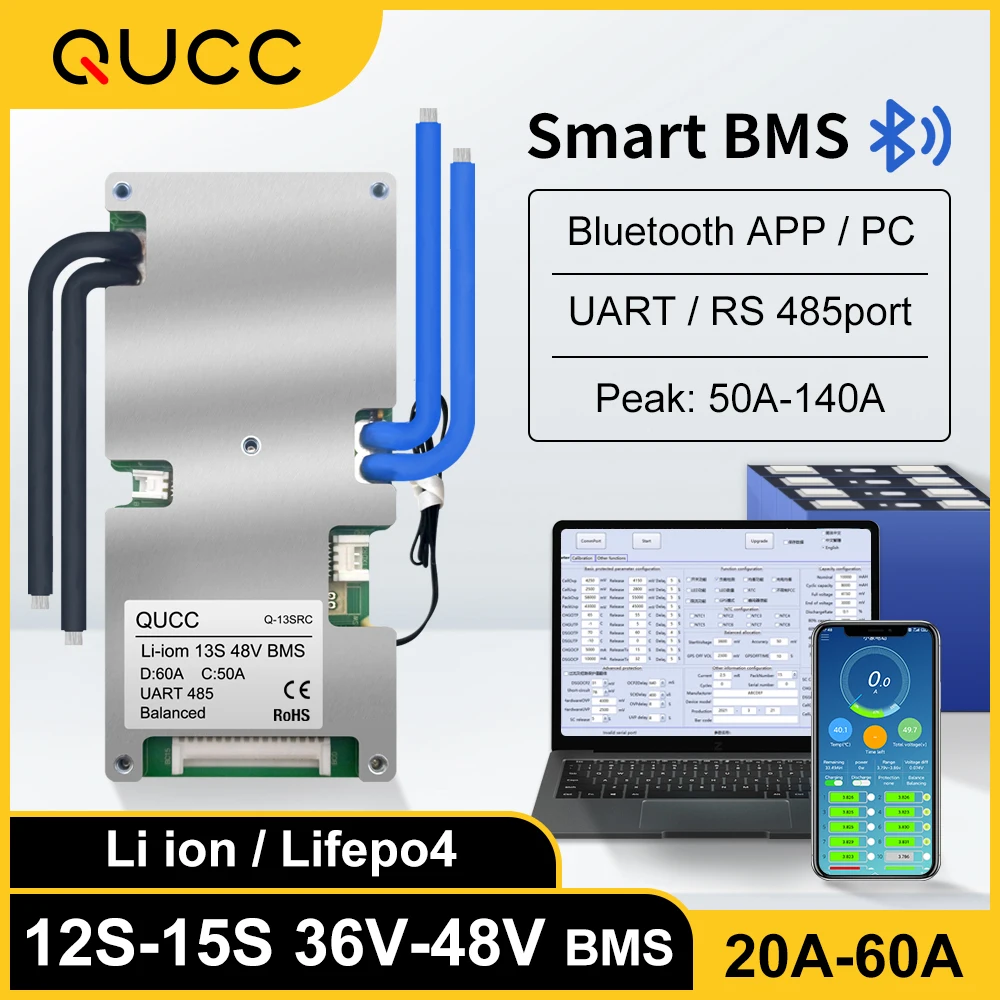 Qucc Smart BMS 48V 13S 14S 15S 12S 36V 20A 30A 40A 50A 60A Li ion Lifepo4 bms UART RS485 Port with Balance NTC Bluetooth APP