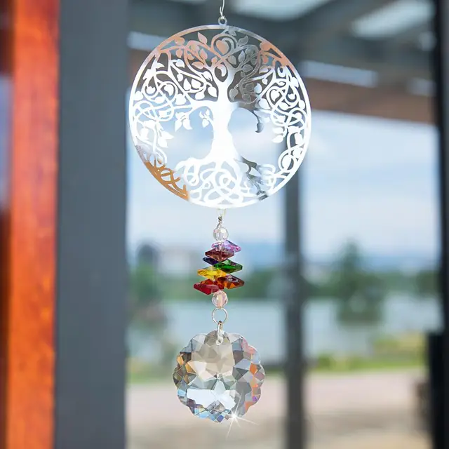 H&D Chakra Crystal Sun Fogó Kézműves Élete A Fa Kristály Prizmák Szivárványkészítő Lógó Napsütő Dísz Kerthez/Ablak - Image 3