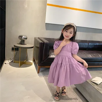 

2020 Summer New Baby Girls Short Sleeve Purple Ruched Fashion Princess Dresses Toddler Children Puff Sleeve Tie Cotton Dress