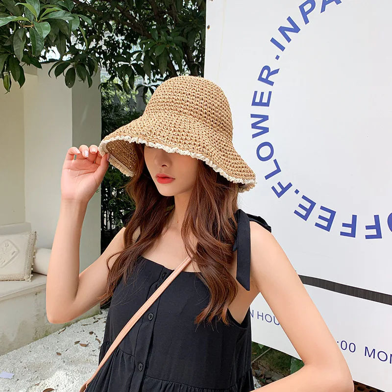 

Lace straw hats lady small fresh beach sunshade basin hat Korean version tide foldable sun block crochet fisherman cap summer