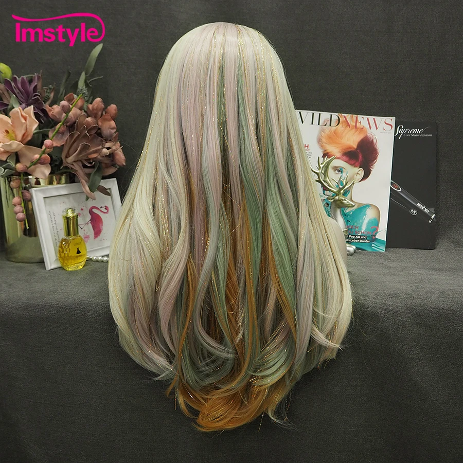Imstyle Synthetic Lace Front Wig Tinsel Wig Multicolor Blonde Orange Heat Resistant Fiber Glitter Hair Party Long Wigs for Women