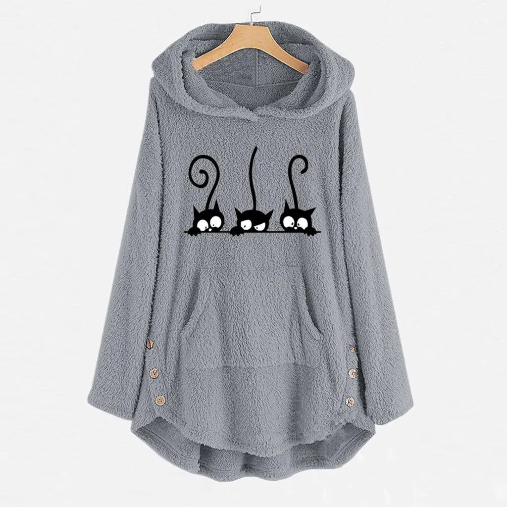 

Women Fleece Cat Sweatshirt Embroidery Plus Size Warm Hoodie Ladies Top Button Casual Pocket Long Sleeve Plush Hoodie Sweatshirt