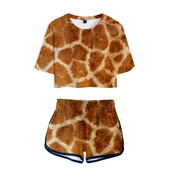 

Women Clothing Crop Top Shorts Two Pieces Sets Animal Fur Emulation Giraffe Tiger Skin 3D Print Sexy Lady Casual Motion Suit 2XL