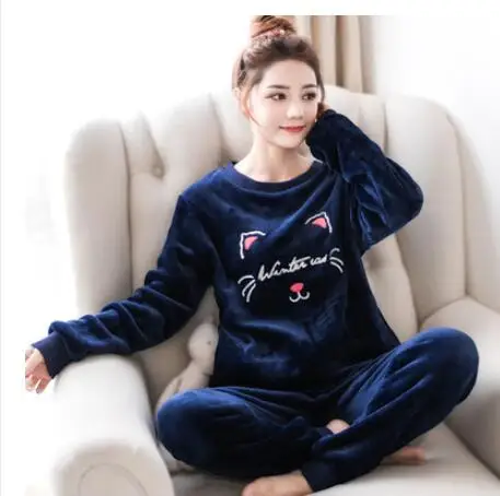 korean Flannel Warm Pajamas for Women Long Sleeve Home Suit Ladies sleepwear Velvet Pajama set Thick Feminino Pants Pyjamas - Цвет: Blue cat