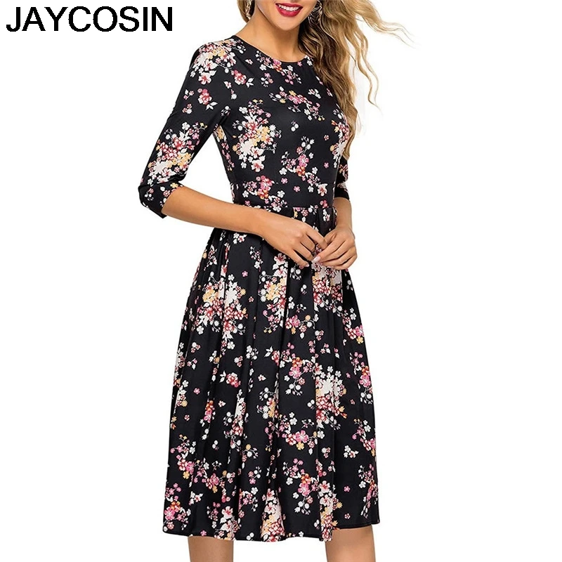 JAYCOSIN женское платье с 3/4 рукавами, винтажное, с цветочным принтом, элегантное, модное, миди, вечернее, торжественное платье, Vestido, осень, jy16
