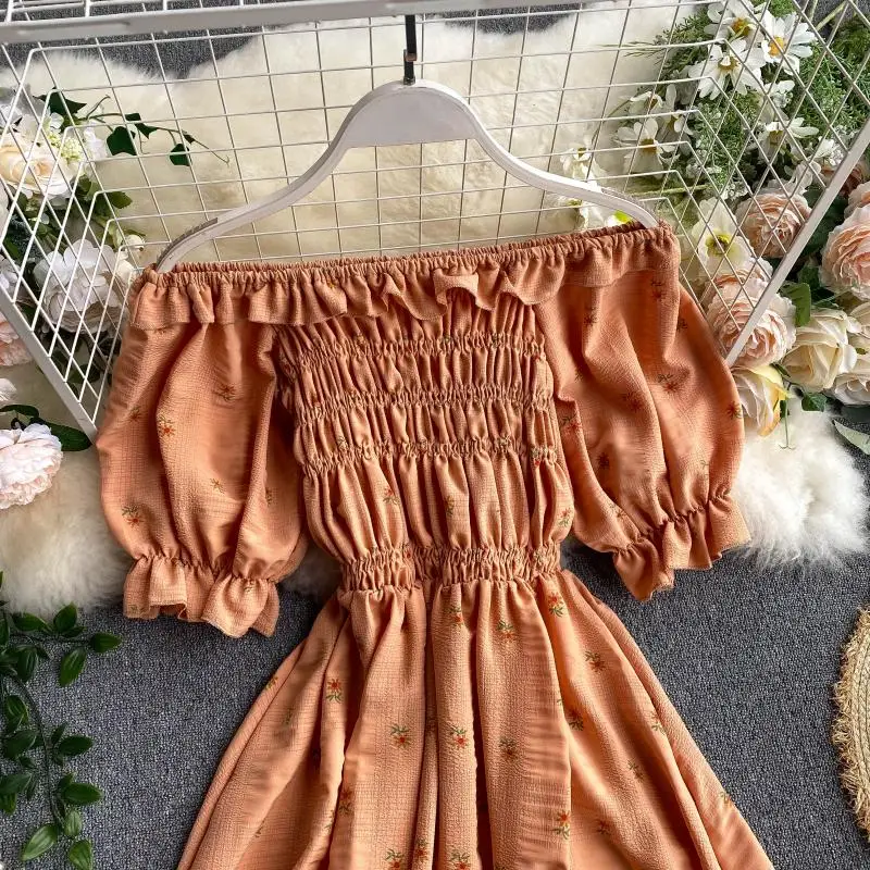 SINGRAIN Women Ruched Ruffle Dress Korean Puff Sleeve Slash Neck A Line Dress Summer Vacation Casual Print Floral Dress 2020