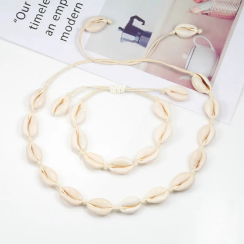 Черная веревка цепочка Puka Shell ожерелье браслет Набор Boho Seashell Каури Гавайи летний Воротник Колье женское пляжное ювелирное изделие подарок для девочки