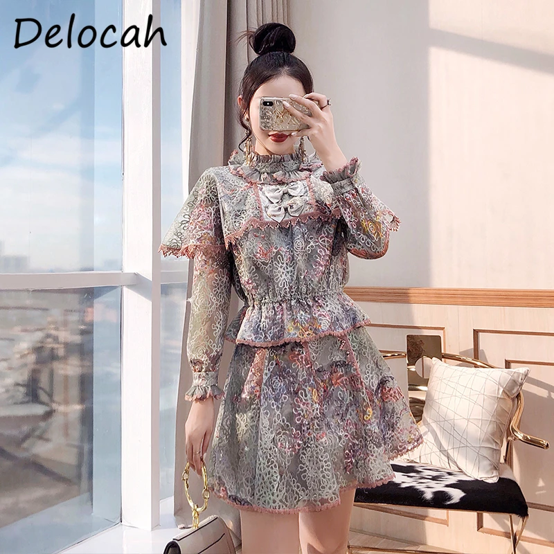

Delocah Women Autumn Fashion Designer Skirts Set Lantern Sleeve Ruffles Loose Tops + High Waist Lace Skirts 2 Two Pieces Suits