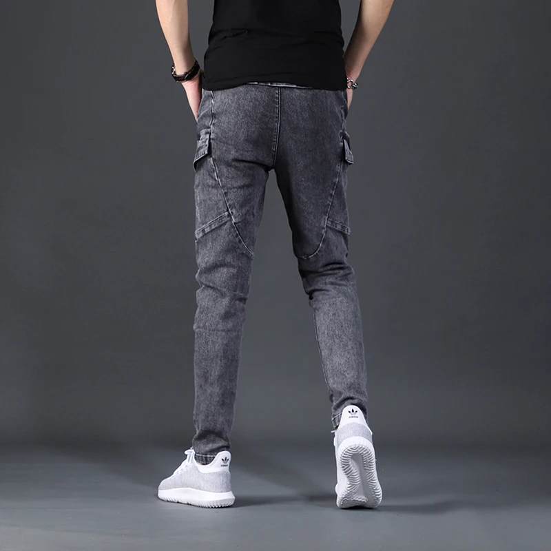 Autumn Men's Cargo Pants Elastic Waist Jeans Fashion Korean Style Casual Dark Gray Slim Fit Denim Trousers