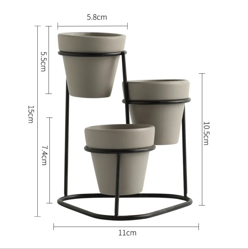 Modern 3 In 1 Pottery Planters Small Flower Pots with Gold Black Metal Stands Decorative Tabletop Ornaments Home Decoration - Цвет: Gold Grey