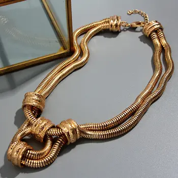 

Flatfoosie Creative Gold Color Round Pendant Necklace Fashion Exaggerated Double Layer Crude Chain Necklace Statement Jewelry