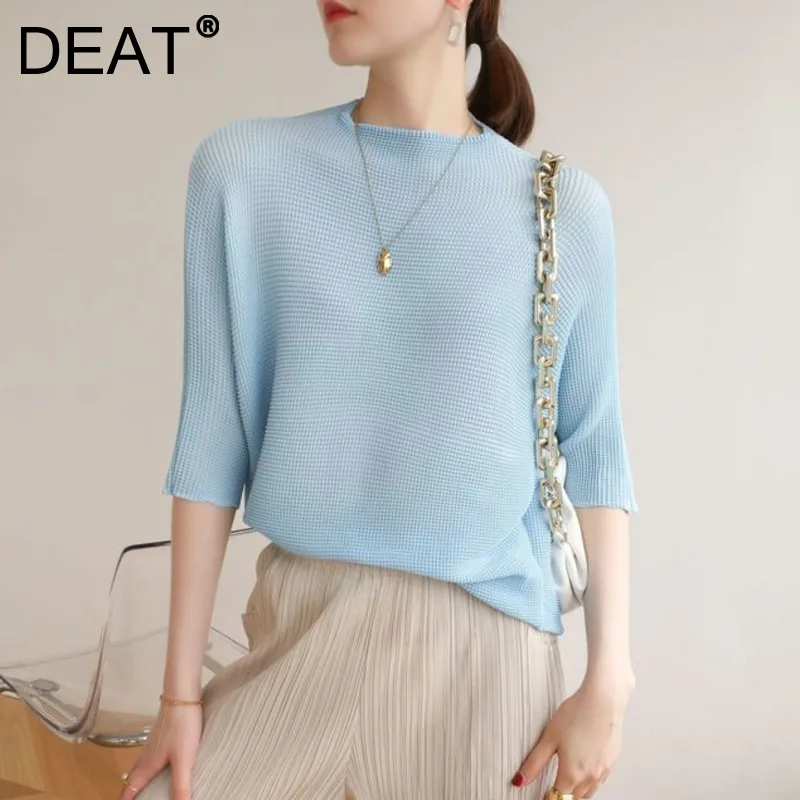 DEAT Women Pleated T-shirt High Elastic Batwing Sleeve Round Collar Solid Wild Casual Style Simple 2022 Spring Fashion 15HT344 | Женская