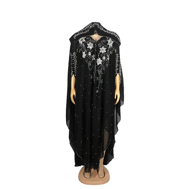 DOIB African Dresses for Women Chiffon Plus Size Dashiki Diamond Beads Boubou African Abaya Dubai Muslim Dress Robe Black
