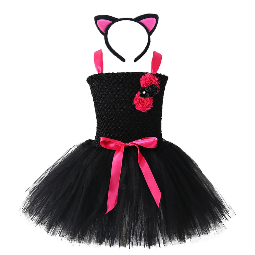 Hot Pink Black Cat Girl Tutu Dress Lovely Girl Flowers Bow Birthday