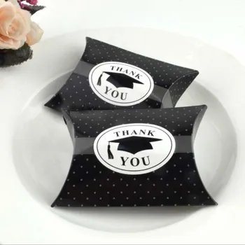

Black color 9x6.5x2.5cm small size pillow box for THANK YOU round logo DIY European creative candy bachelor's degree cap 2019