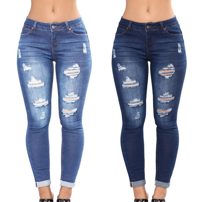 PUIMENTIUA 2019 женские джинсы с высокой талией, повседневные джинсовые джинсы, Плюс Размер рваные джинсы с дырками, длинные джинсовые брюки