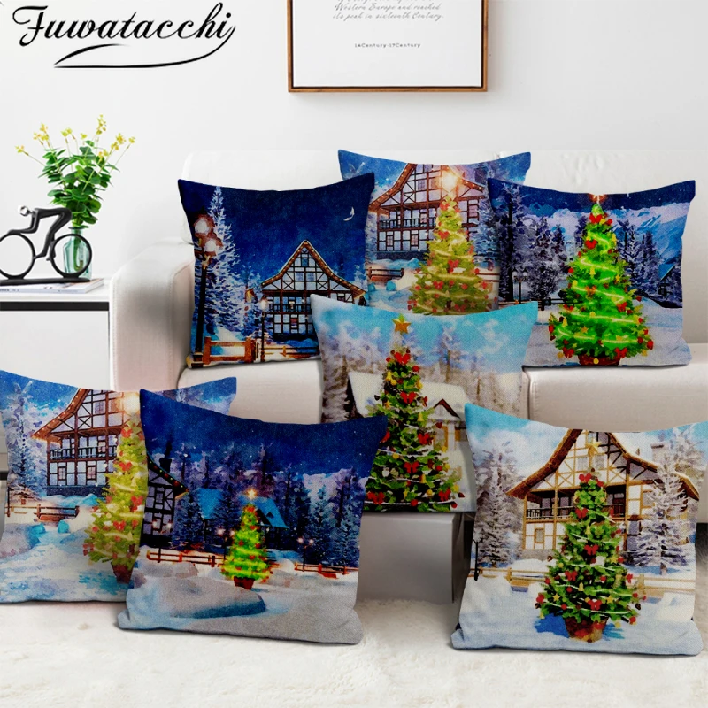 

Fuwatacchi Cushion Cover Christmas Tree Decorative Pillow Case Xmas Snow Scene Pillows Covers for Sofa Car Home Decor Pillowcase