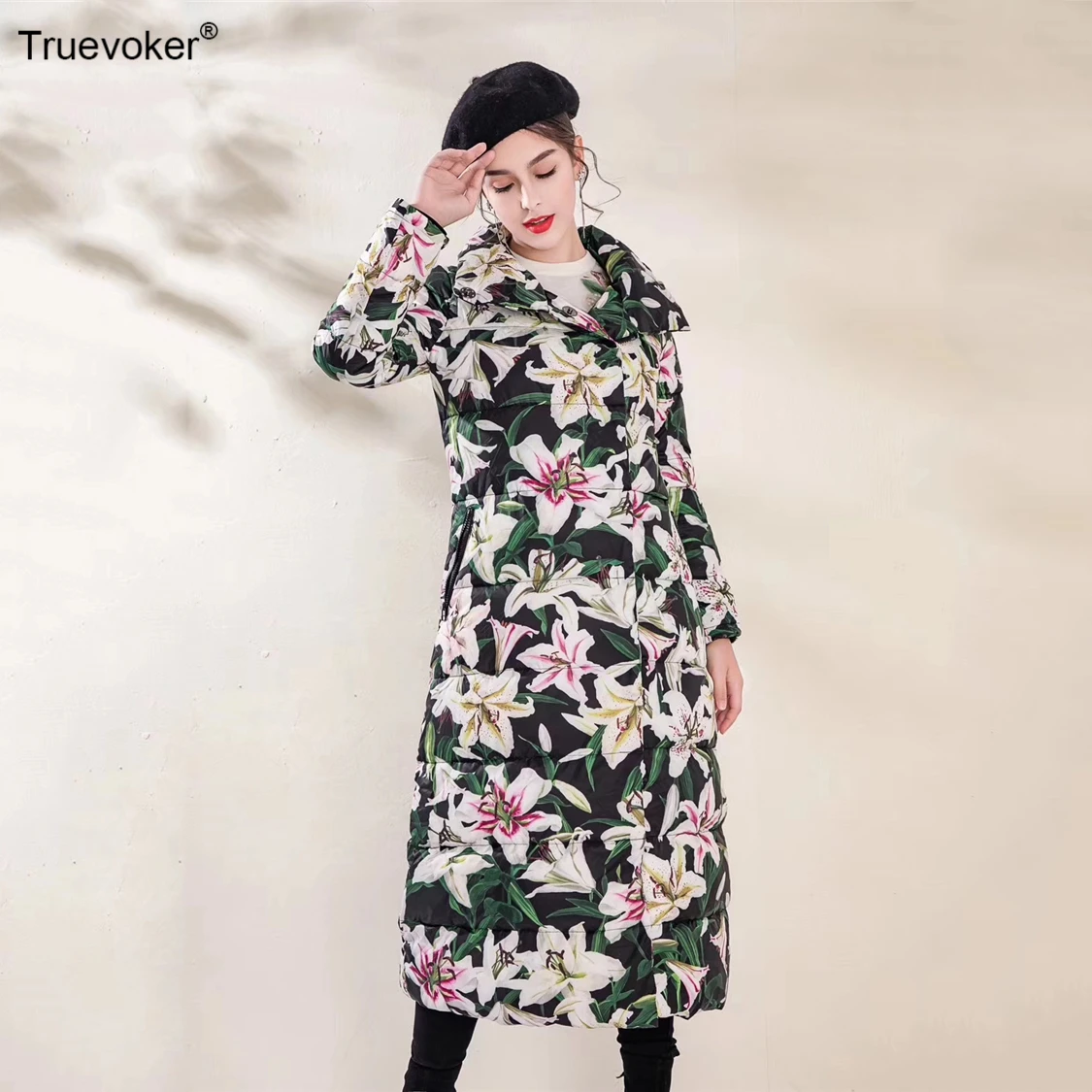 Truevoker, Дамская подиумная мода, белая утка, ультра длинный пуховик, женский, лилия, цветочный принт, съемный, с капюшоном, длинное пальто, парка