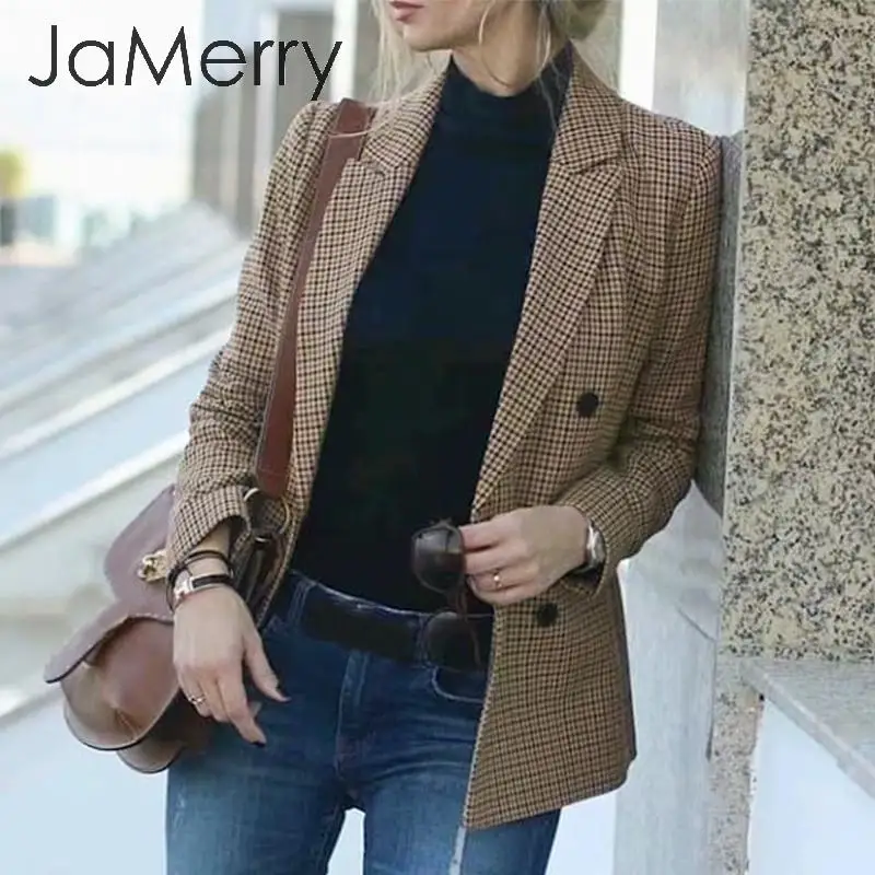 JaMerry, винтажный клетчатый женский Блейзер, пальто, длинный рукав, пуговицы, карманы, уличная одежда, женские блейзеры, Осень-зима, офисные женские куртки