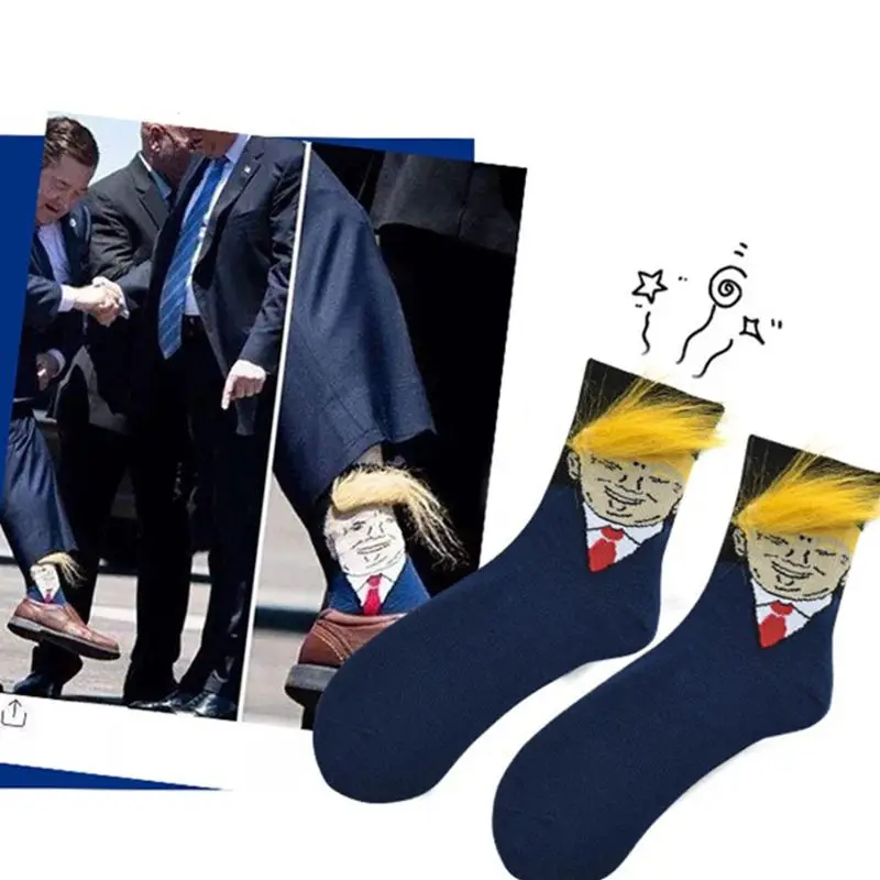 Men Women Funny American President Portraits Crew Socks with 3D Realistic Yellow Hair Novelty Cotton Tube Hosiery Crazy Gag Gift