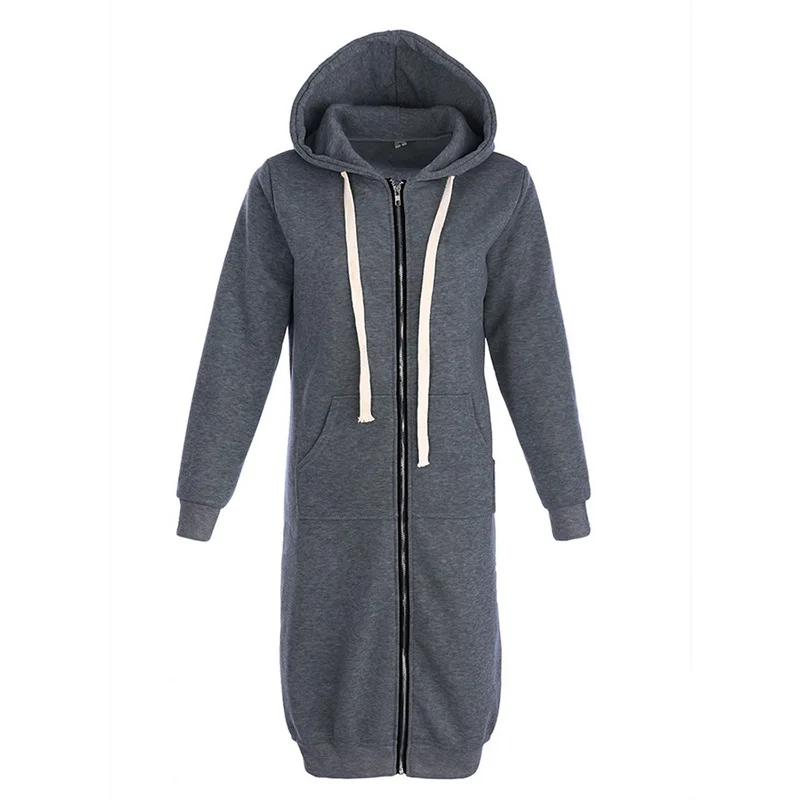 dark grey LITTHING женские толстовки Толстовка негабаритный Повседневный осенний пуловер на молнии с капюшоном длинные пальто однотонные карманные Топы Куртки 5XL - Цвет: dark grey