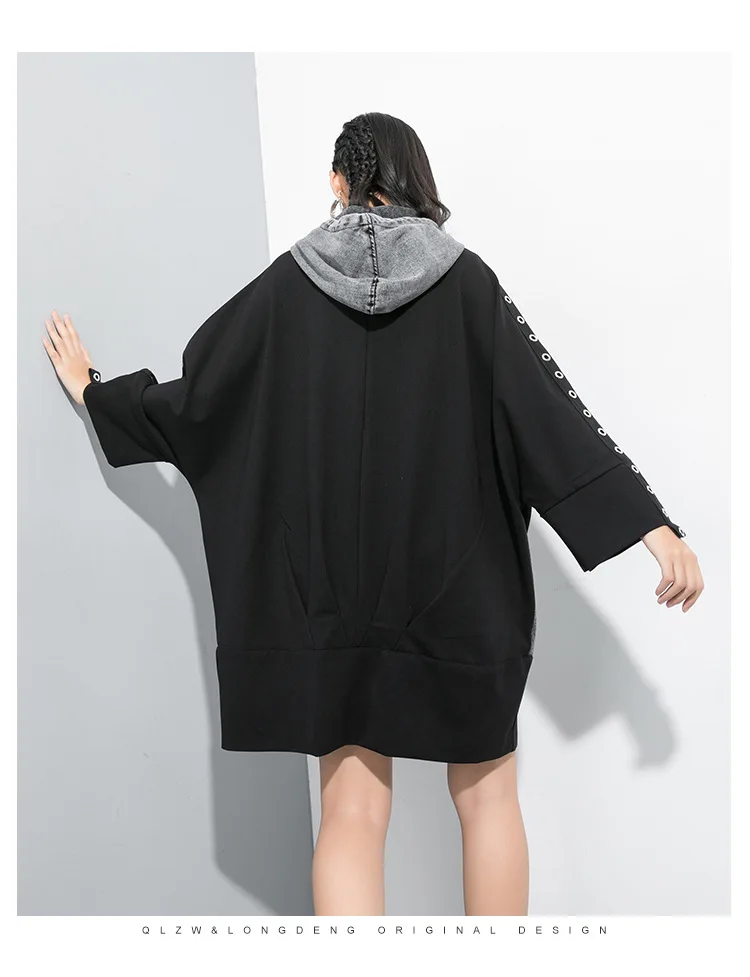 Popular Brand Autumn Clothing New Style Joint Denim Windbreaker Hooded Metallic Decoration Cool Loose-Fit Coat 190261