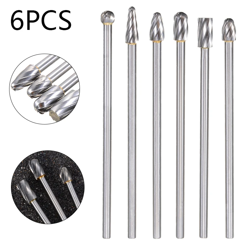 6Pcs Carbide Rotary Burrs 6mm 1/4" Shank Rotary Aluminum Cut Burr Tungsten Steel Woodworking Milling CNC Tool