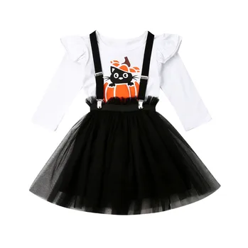

Toddler Baby Girl Halloween Pumpkin Clothes Set Kids Long Ruffles Sleeve T-shirt Skater Tulle Black Skirt Party Outfits Set