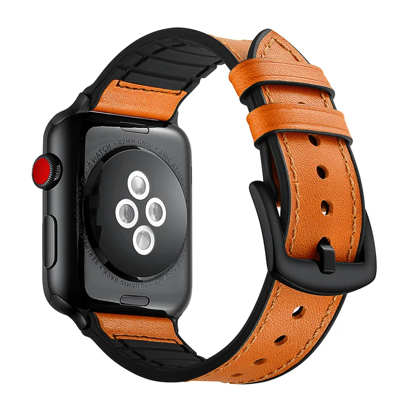

Brown Silicone+Leather Sports Strap for Apple Watch Band Series 5 4 3 2 1 iwatch 38mm 40mm 42mm 44mm Men's Wristwatch Belt.