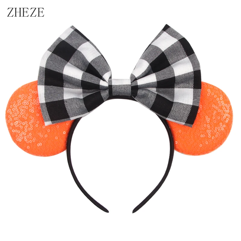 

2023 New Black White Grid Hair Bow Headband For Girls Kids Festival Mouse Ears Hairband Party DIY Hair Accessories Mujer