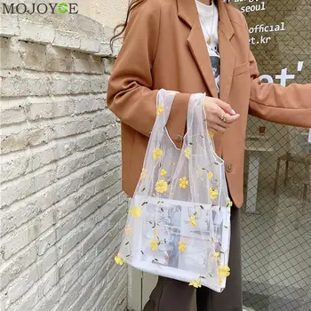 

Female Flower Embroidery Hand Bag Organza Casual Tote Mesh Shopping Bags Woman Handbags