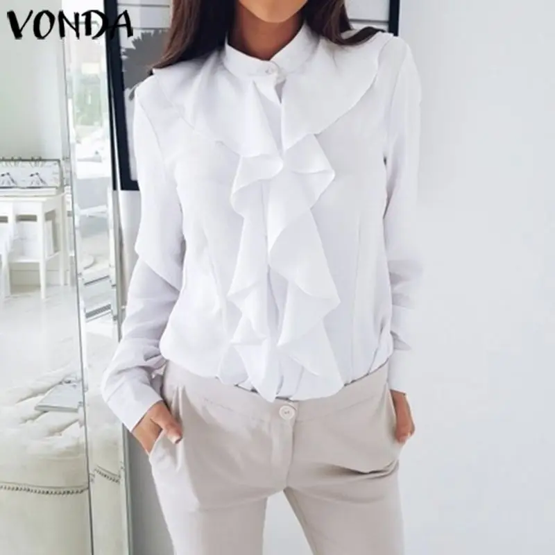 Модные женские блузки VONDA, женские Топы с длинным рукавом и рюшами, повседневные блузы, топ размера плюс, Женская туника, S-5XL