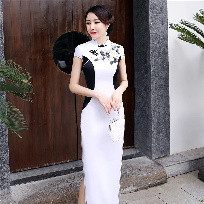white Модные вечерние Cheongsam Восточное вечернее платье в китайском стиле женское элегантное Qipao сексуальное длинное платье ретро Vestido размера плюс S-5XL - Цвет: white