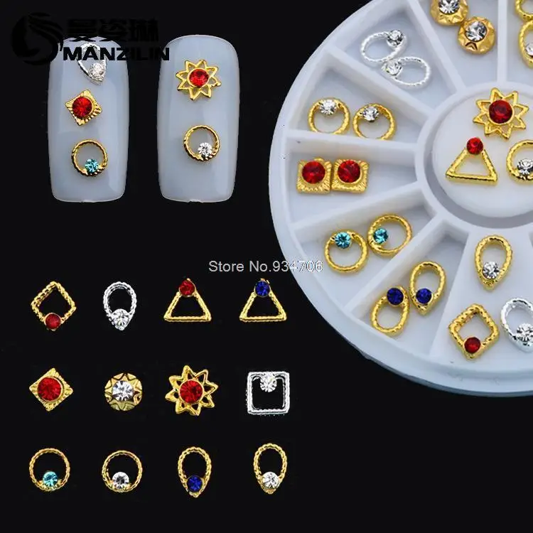 

MANZILIN SP0001-49 Free Shipping New Mix Design Gold Silver Metal Nail Decoration Wheel Charm Rhinestone Nail Accessories Tools