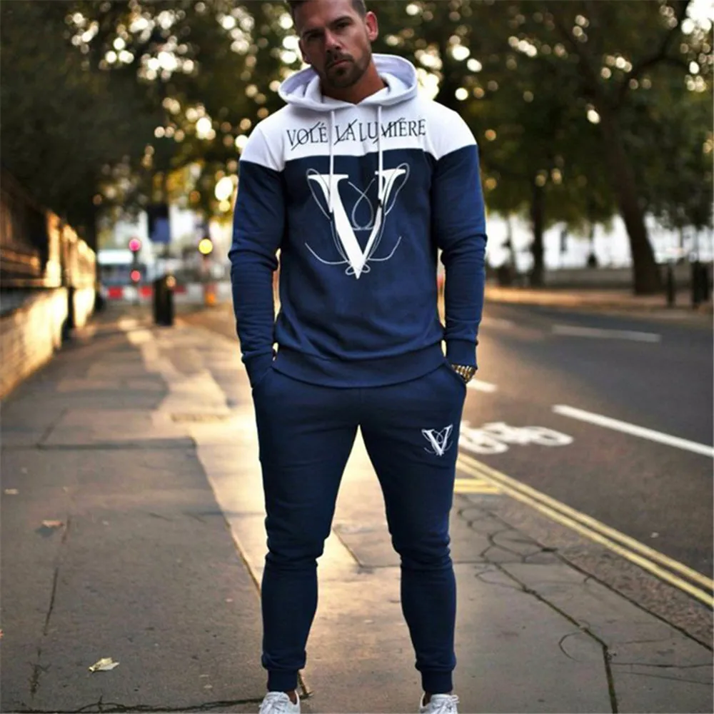 Autumn winter men's fitness hooded tracksuits Loose running training casual hooded coats+fashion pure color pants Jogger suits
