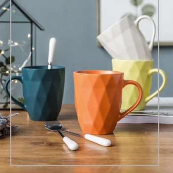 

Nordic Ceramic Diamond Coffee Mug with Lid Spoon Creative Office Home Afternoon Tea Cup Simple Couple Travel Milk Drink Cup Gift