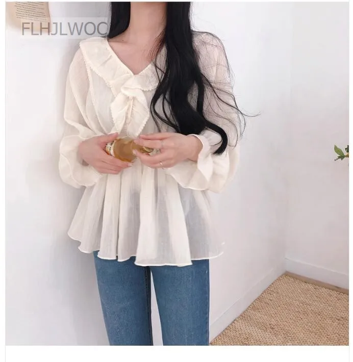 Cute Chic Tops Women Preppy Style Girls Korea Japanese Design Slim Waist Belly Peplum Tunic Ruffled Top Blouse Flhjlwoc Vestido