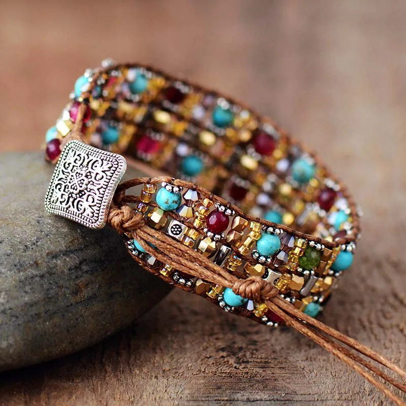 Boho браслеты высокого класса натуральные камни воск шнур обертывание браслет