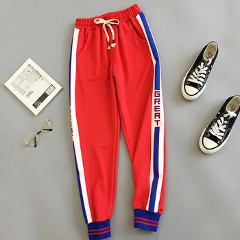 

BF Style Red Trousers Women 2019 New Autumn Loose Letter Print Pockets Thin Streetwear Cool Girl Fashion Harajuku Hip Hop Pants