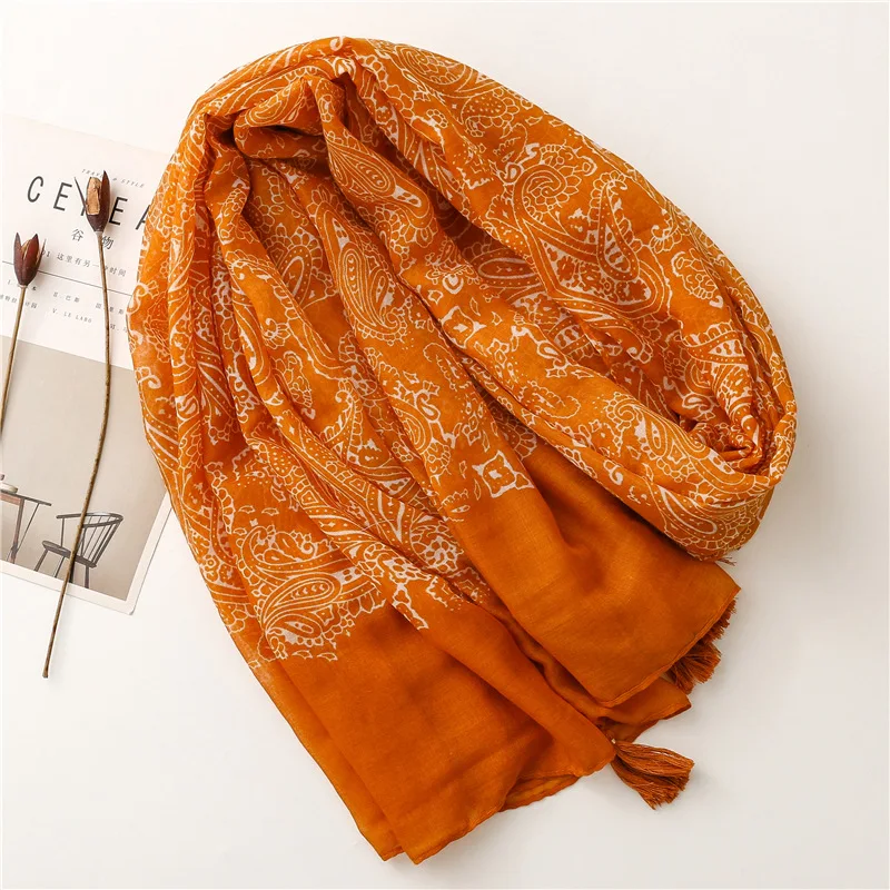 New Women Fashion Orange Cashew Floral Viscose Shawl Scarf From