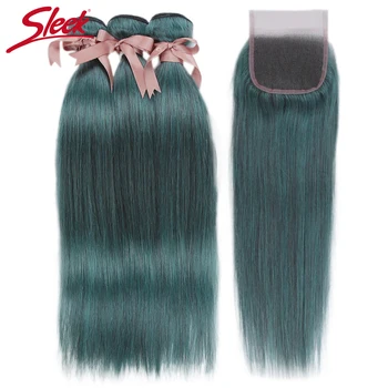 Sleek Brazilian Straight Hair Bundles With Closure S BLUE Hair Weave 10-26 Inches Remy Human Hair 3 Bundles With Closure