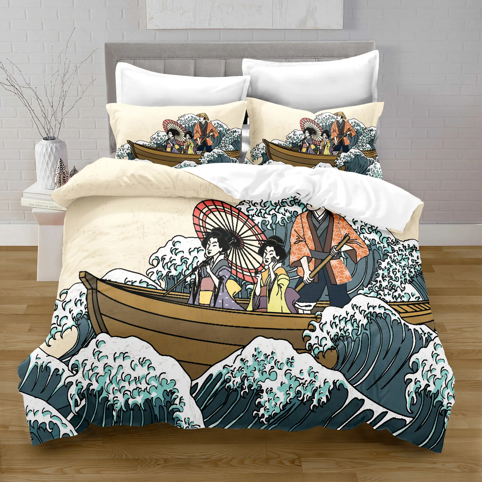 

100% Polyester Japanese Style Illustration Cover Digital Printing Bedding Set with Pillowcase Bedding Set Queen Bed Set